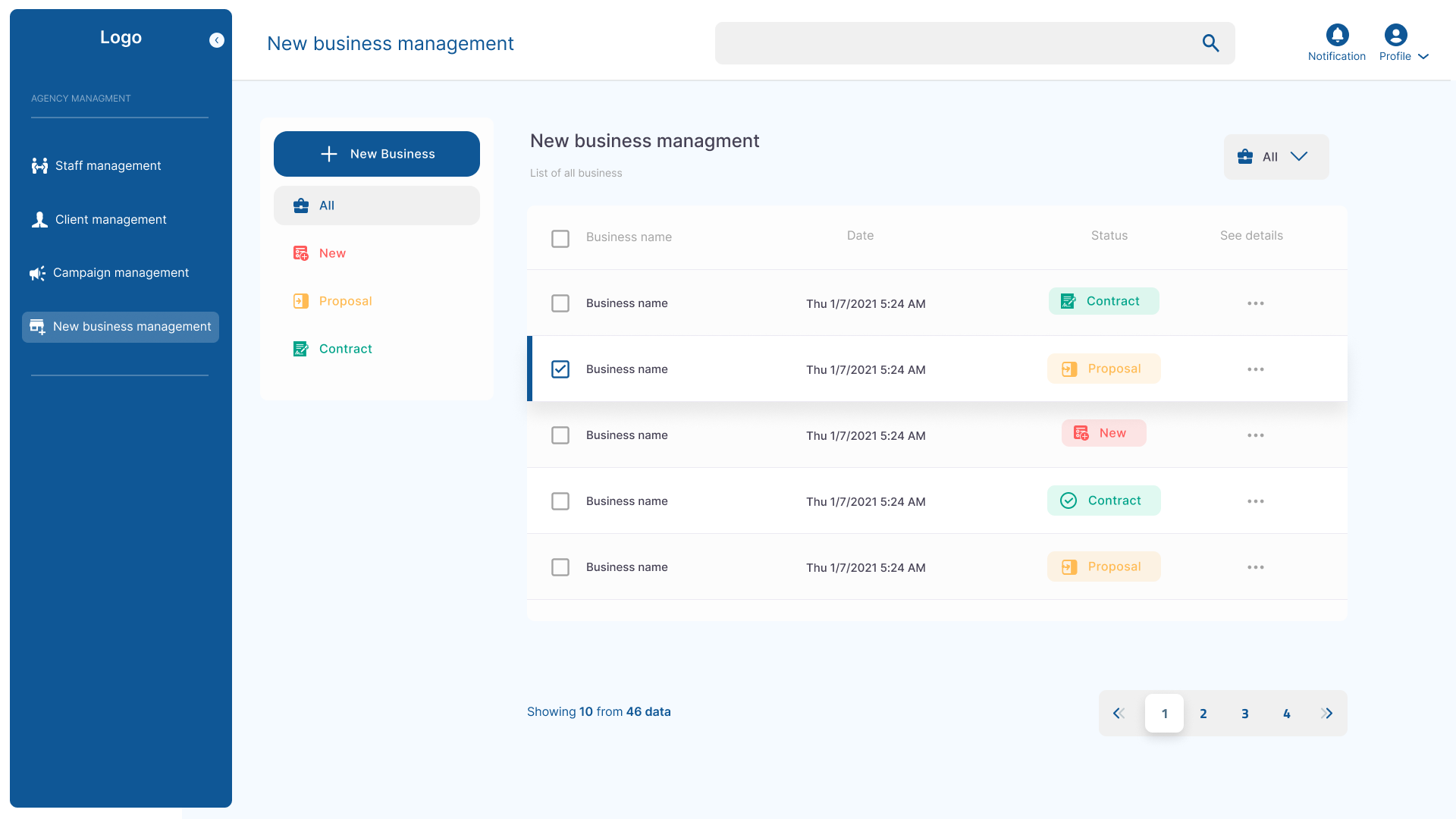 Anonymised enterprise CRM agency dashboard