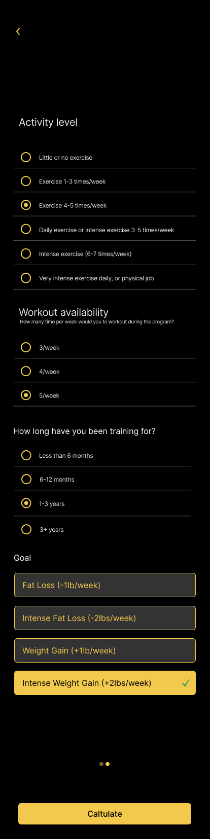FitTrackr questionnaire screen